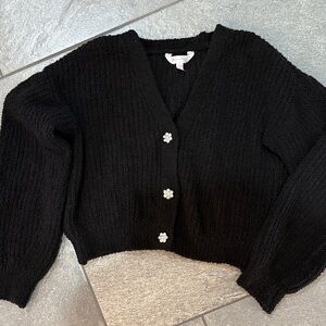 No Boundaries Black Cardigan with Crystal Rhinestone Floral Buttons